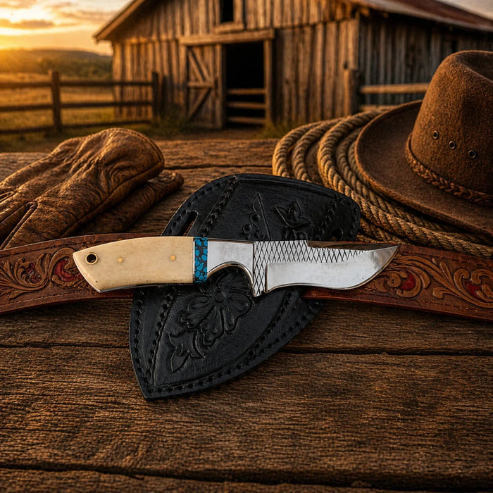 Pancake Sheath Knife – Rasp Steel Blade With Bone & Turquoise Handle