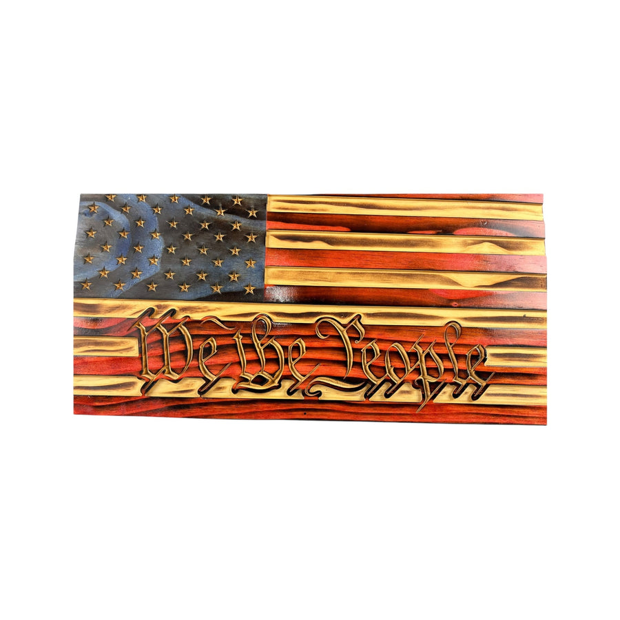 Wooden stars and stripes flag with We the People engraving