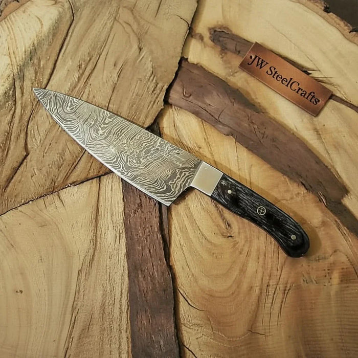 7" Gyuto Chef Knife — Twisted Pattern Damascus Steel with Black Pakka Wood Handle | JW SteelCrafts