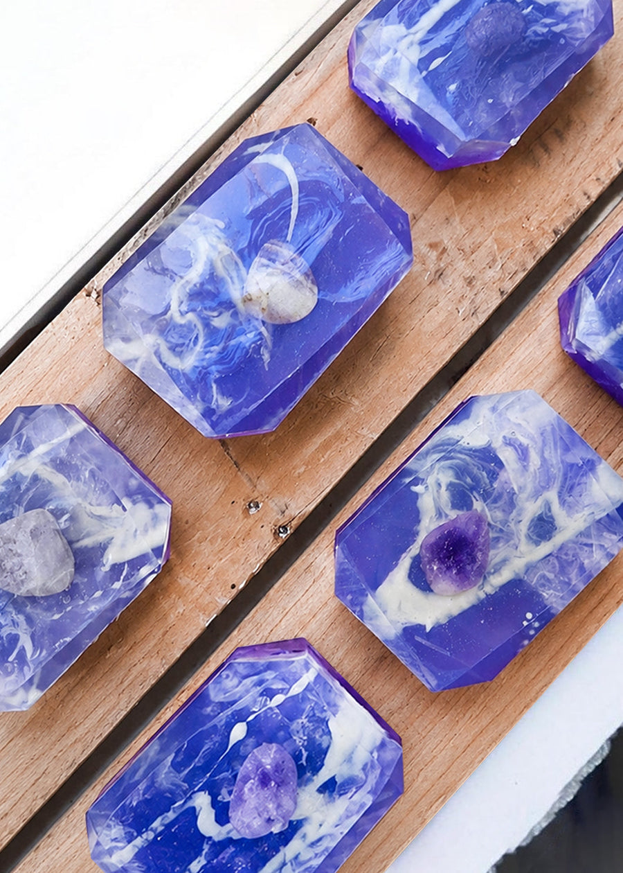 Tray of Peace Bridge soaps showing individual crystal and swirl patterns