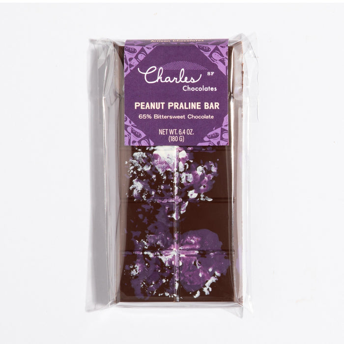 Peanut Praline Crunch Dark Chocolate Bars in labeled packaging