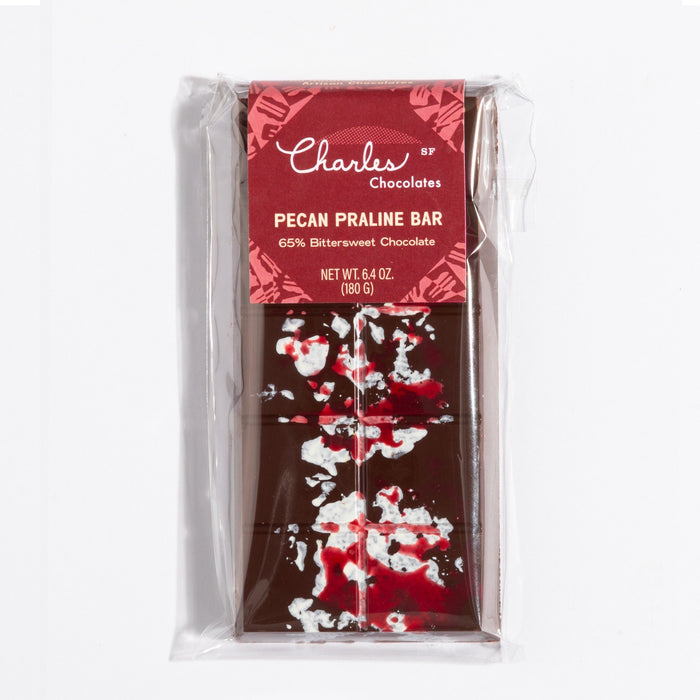 Pecan Praline Crunch Dark Chocolate Bars in labeled packaging