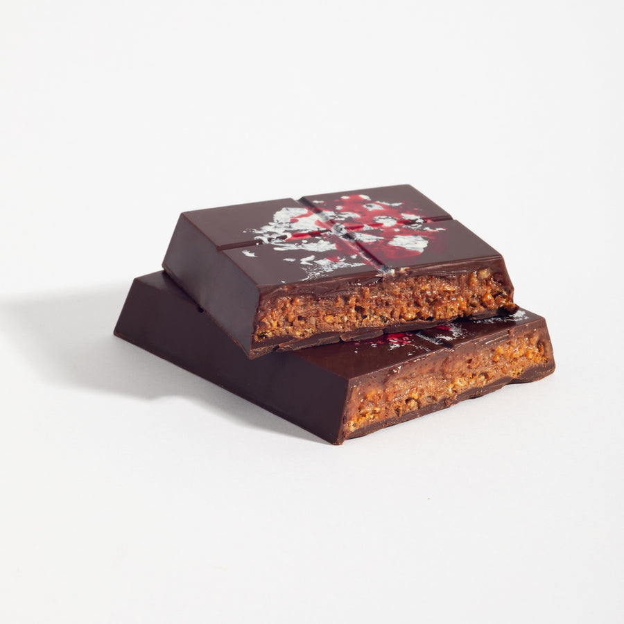 Pecan Praline Crunch Dark Chocolate Bars cut open to show its layered filling