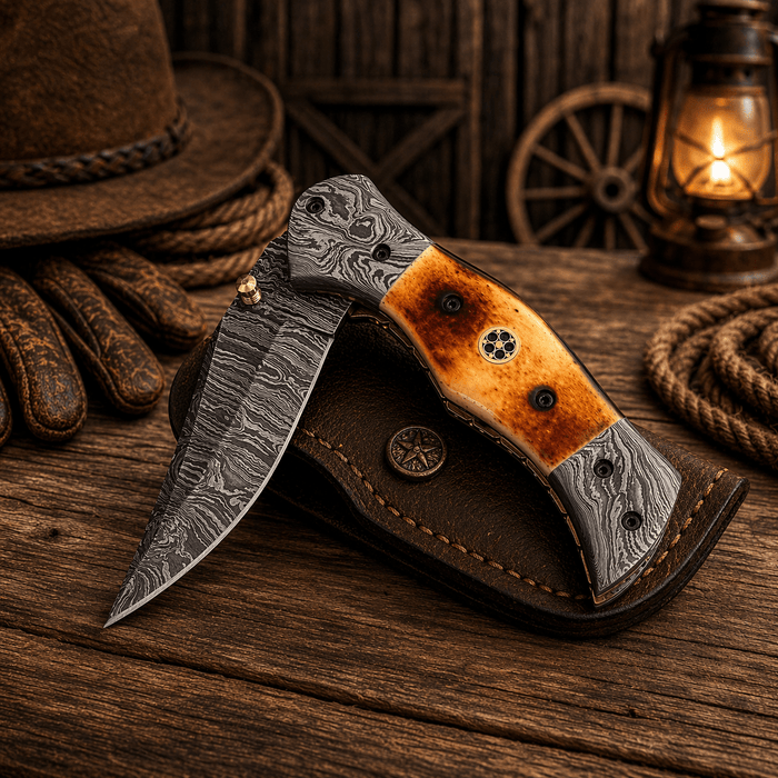Personalized Damascus Steel Pocket Knife – 7.5” Folding Knife with Burnt Camel Bone Handle & Belt Clip