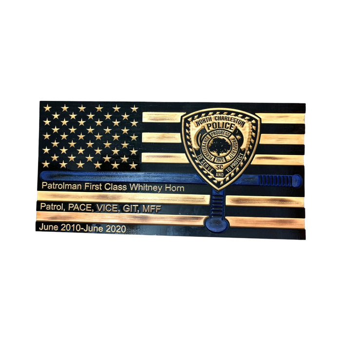 Personalized Thin Blue Line wooden police flag with engraved badge and baton, made in USA