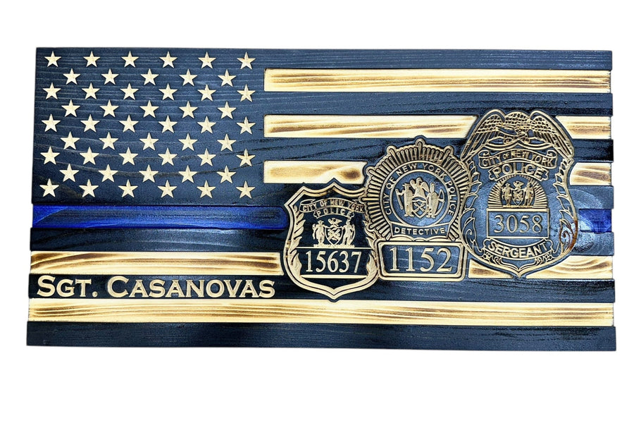 Police flag with several badges and personalized rank
