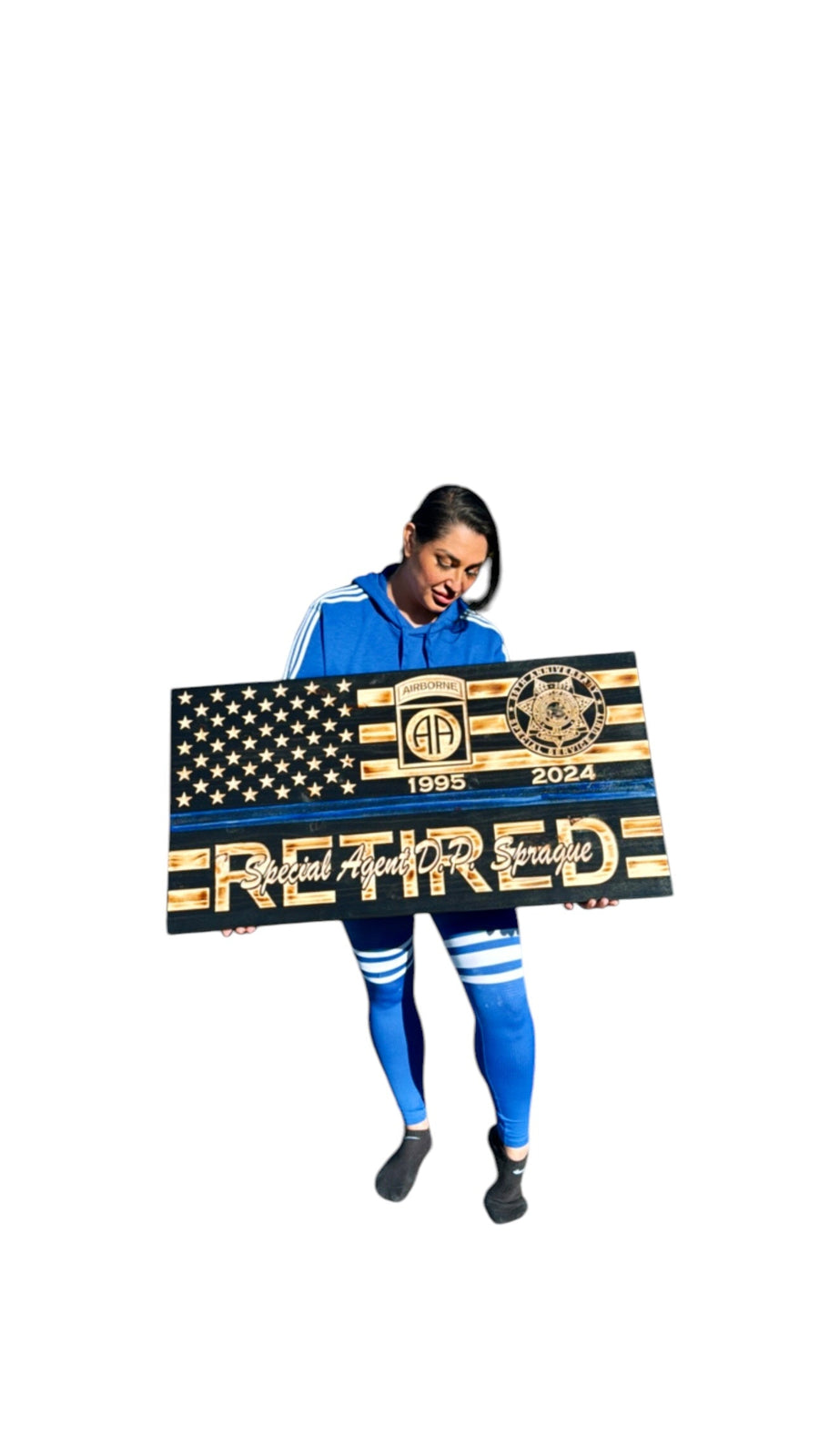 Engraved wooden American flag with badge rank and service dates