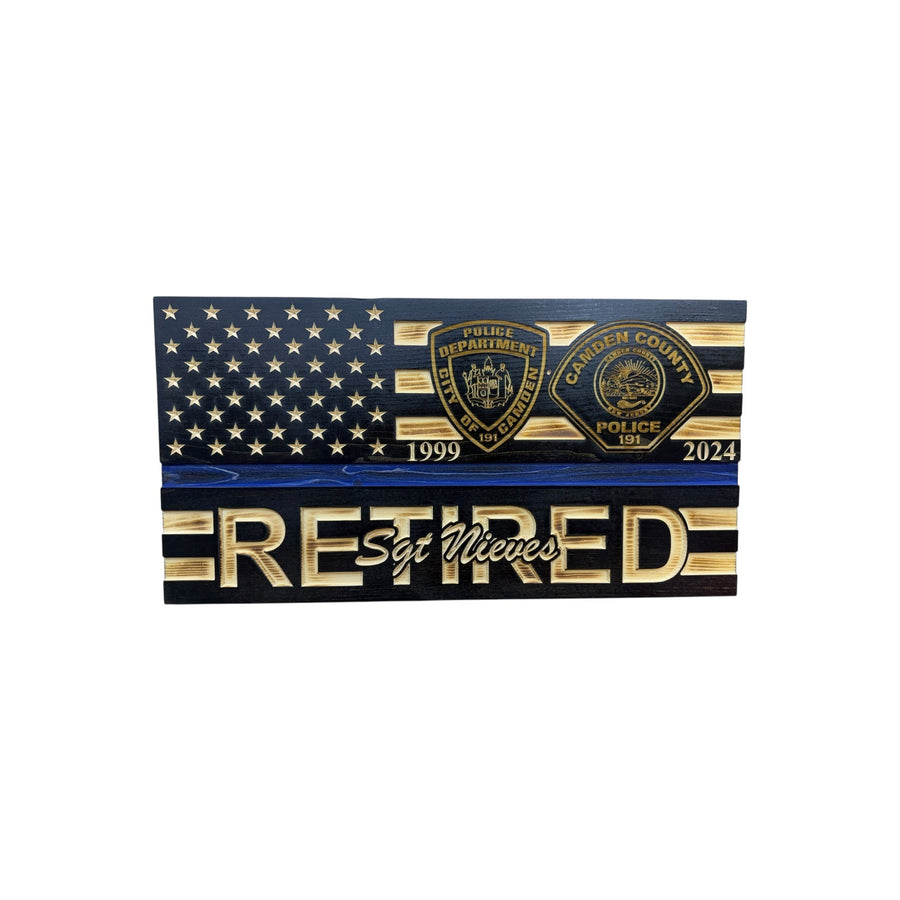 Personalized retirement wooden American flag with engraved badges made in USA