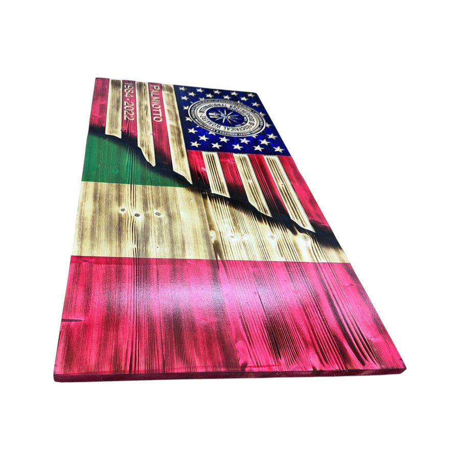 American flag with engraved badge