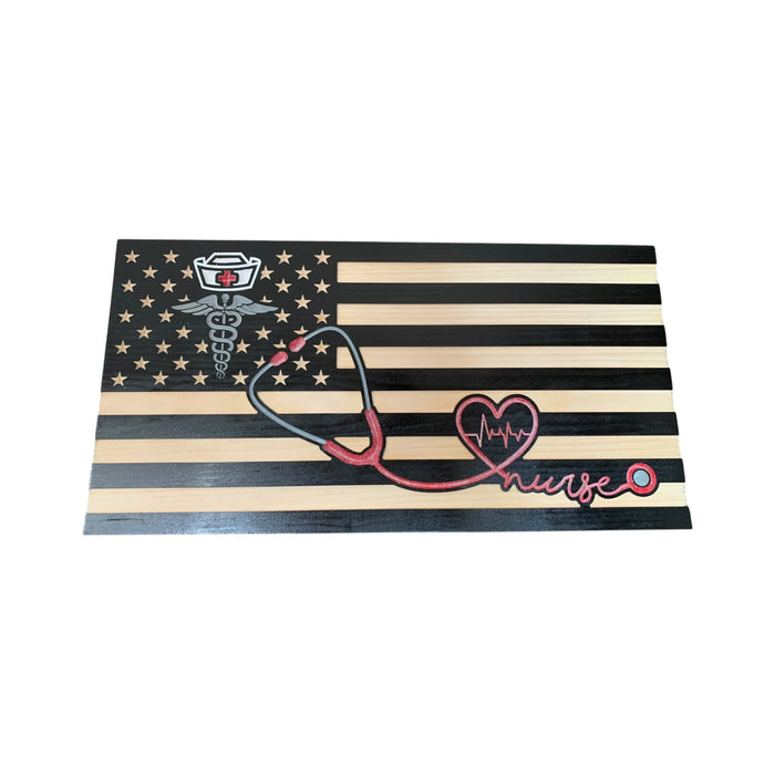 Personalized wooden American flag for nurses with medical-themed engraving, made in USA