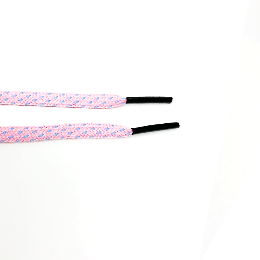 Pink & Light Blue ticked flat shoelaces close-up of flat lace ends and black aglets