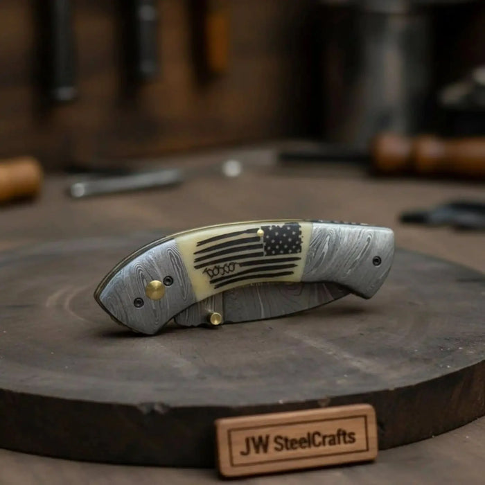 Handmade Damascus Drop Point Folding Knife – American Flag Handle, EDC Pocket Knife