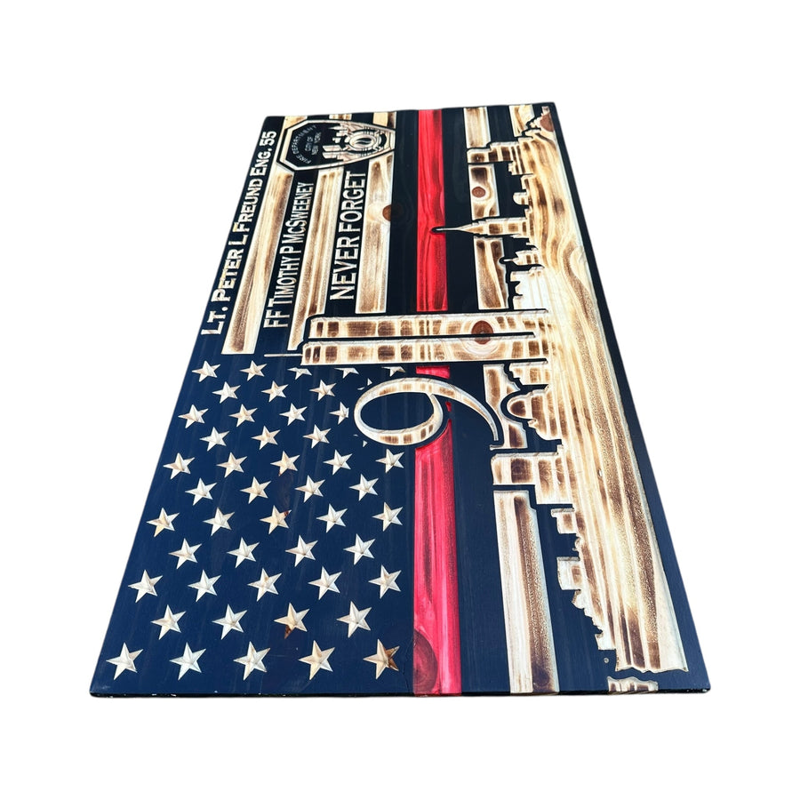 Custom police and firefighter 9/11 tribute wooden American flag