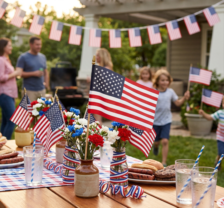 American stick flags used in an outdoor table display