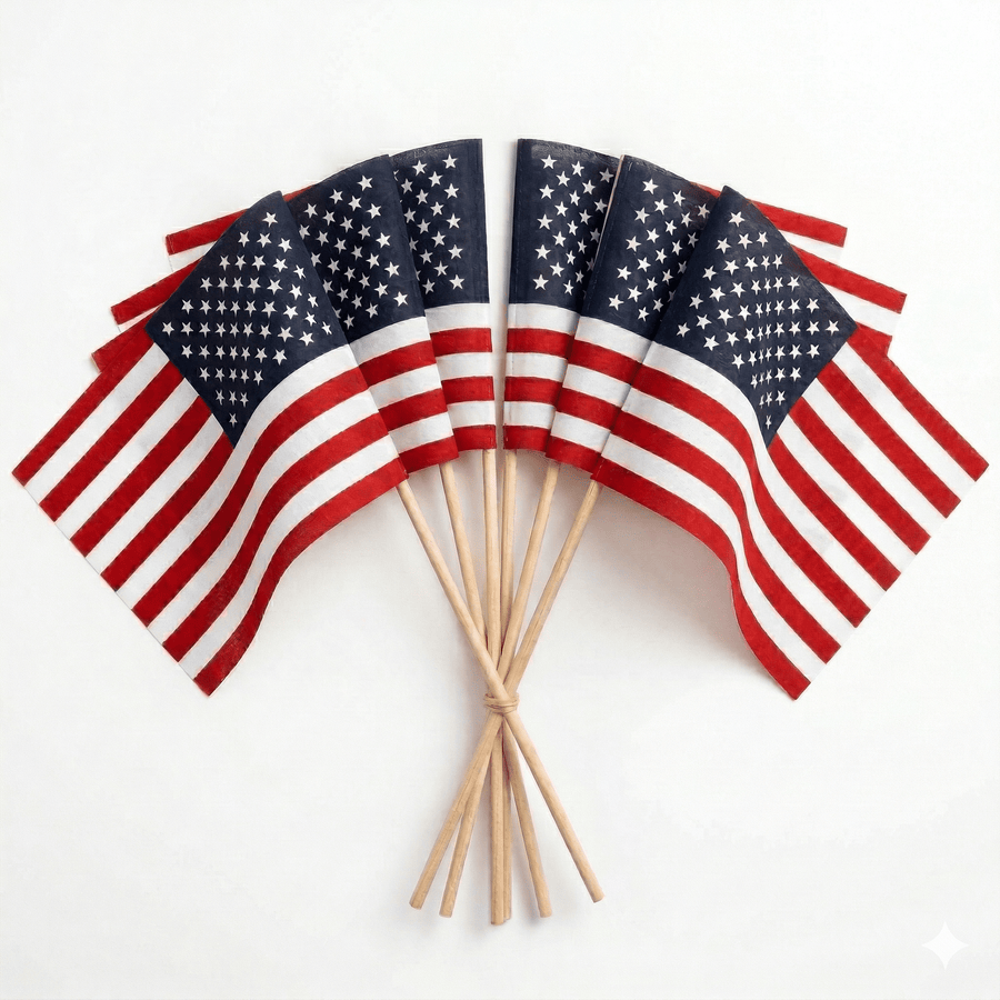 American stick flags fanned out on a white background