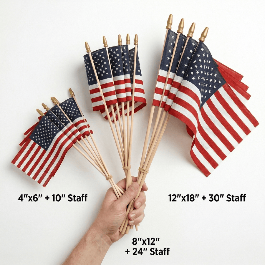 Hand holding three stick flag sizes with measurement labels