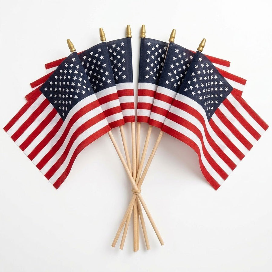 American stick flags arranged in a fan on natural wood sticks