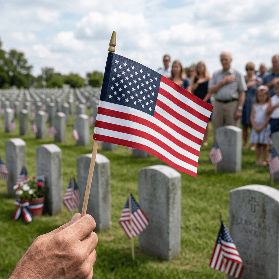 Person holding an American stick flag at a cemetery gathering