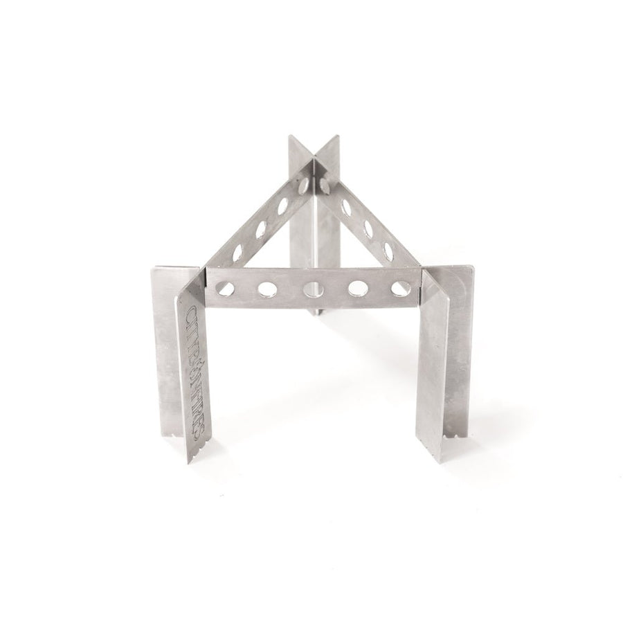 Three-legged stainless steel camp stove shown assembled