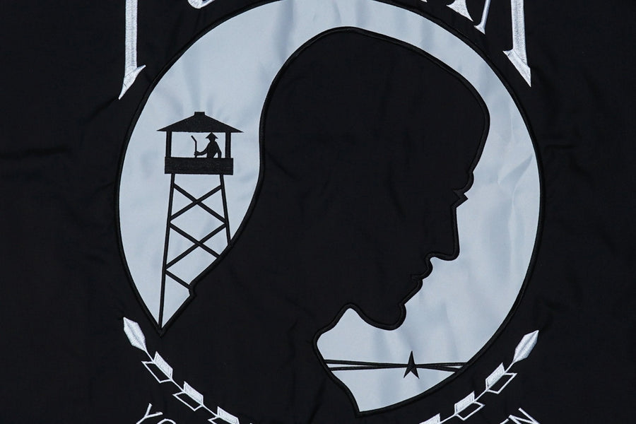 POW/MIA flag emblem and stitching in close-up