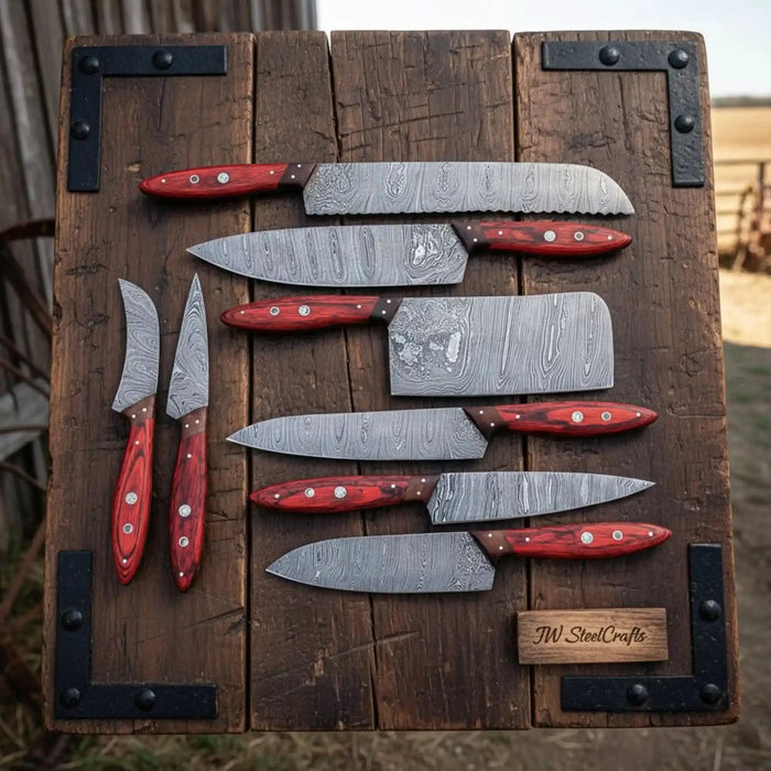 8 Piece Damascus Knife Set with Red Pakka Handles and  Leather Roll