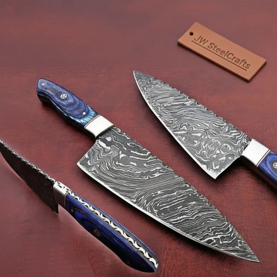 Kiritsuke-Style Damascus Chef Knife with Blue Wood Handle and Steel Bolster