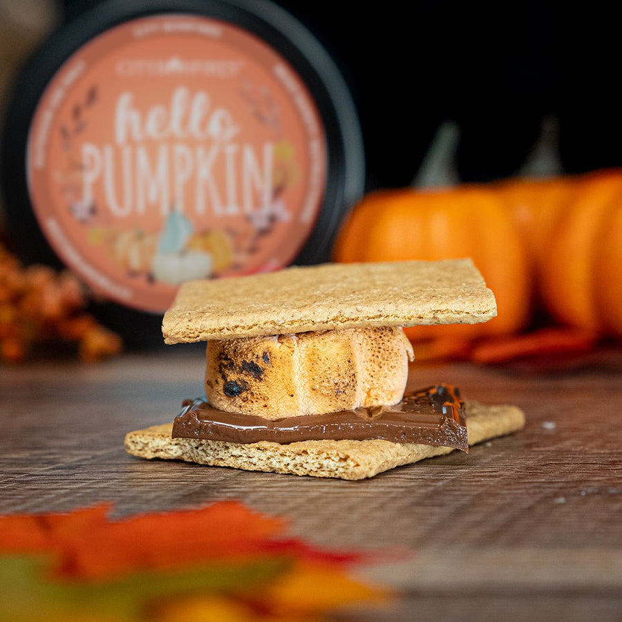 Pumpkin spice s’more beside the Hello Pumpkin lid