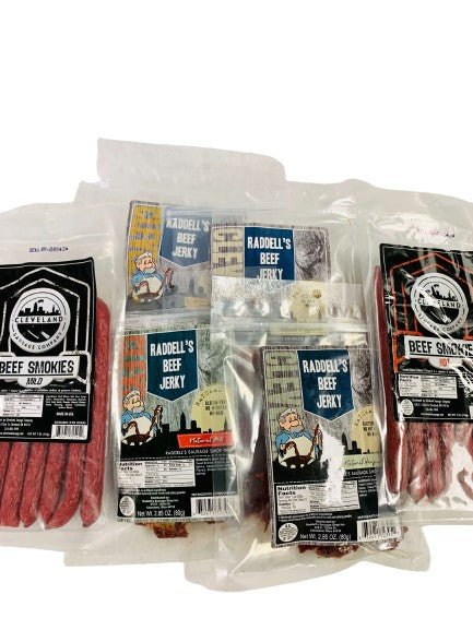 Four beef jerky bags with Mild and Hot Beef Smokies in a six-bag snack assortment