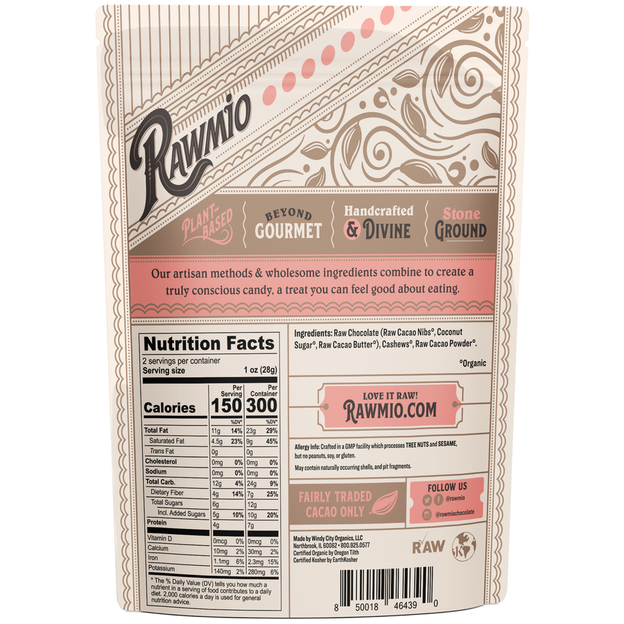 Rawmio chocolate-covered cashew ingredients and Nutrition Facts panel