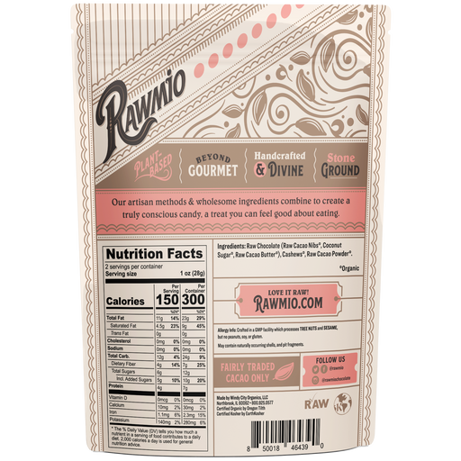 Rawmio chocolate-covered cashew ingredients and Nutrition Facts panel