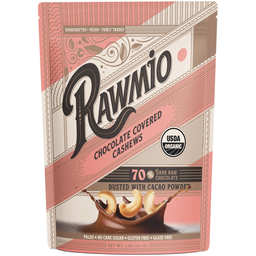 Two-ounce bag of Rawmio organic 70% dark chocolate-covered cashews