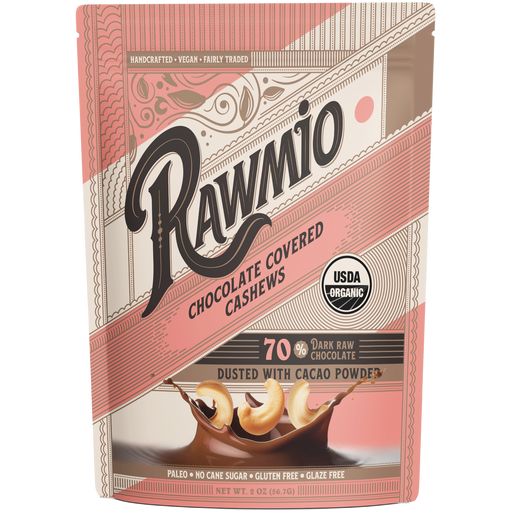 Two-ounce bag of Rawmio organic 70% dark chocolate-covered cashews
