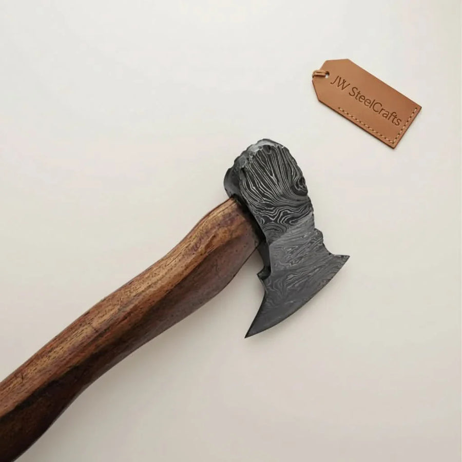 Handcrafted Damascus Utility Hatchet – Bearded Blade Style, Solid Wood Handle, Sheath Included