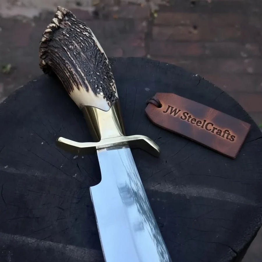 Handmade Carbon Steel Hunting Knife with Stag Horn Handle & Leather Sheath