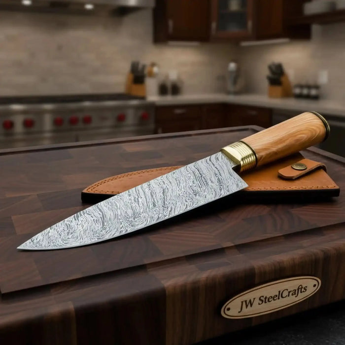12 Inch Overall Fire Damascus Gyuto Chef Knife – Natural Olive Wood Handle and Solid Brass Bolster, Full Tang