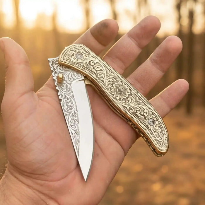 Handmade Engraved Brass Handle Folding Knife for EDC