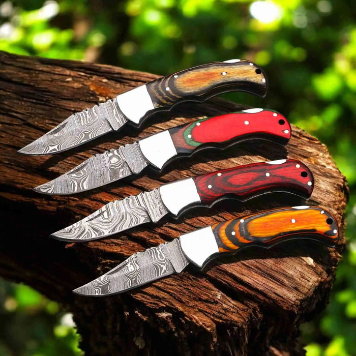 Handmade Damascus Folding Knife with Pakka Wood Handle & 4 Color Variations