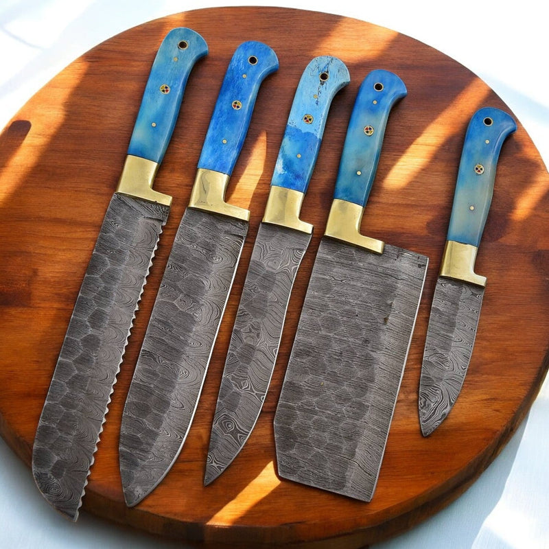 Handmade Damascus Kitchen Knives Set with Bone Handles
