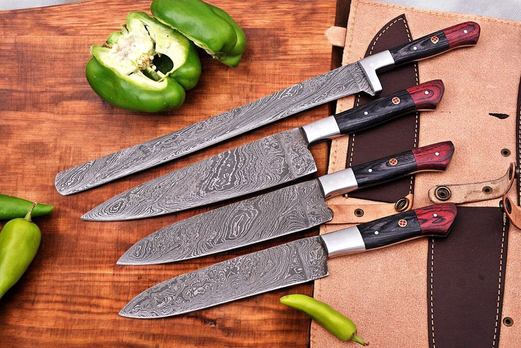 Handmade Damascus Kitchen Knives Set with Exotic Wood Handles