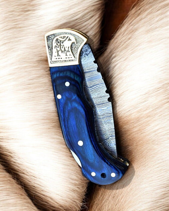 Handmade Damascus Folding Knife – Exotic Wood & Brass