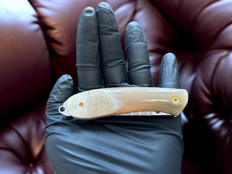 Handmade Damascus Steel Pocket Knife with Bone Handle