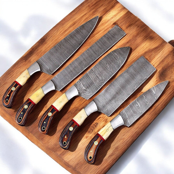 Handmade Damascus Steel Kitchen Knives Set with Leather Roll
