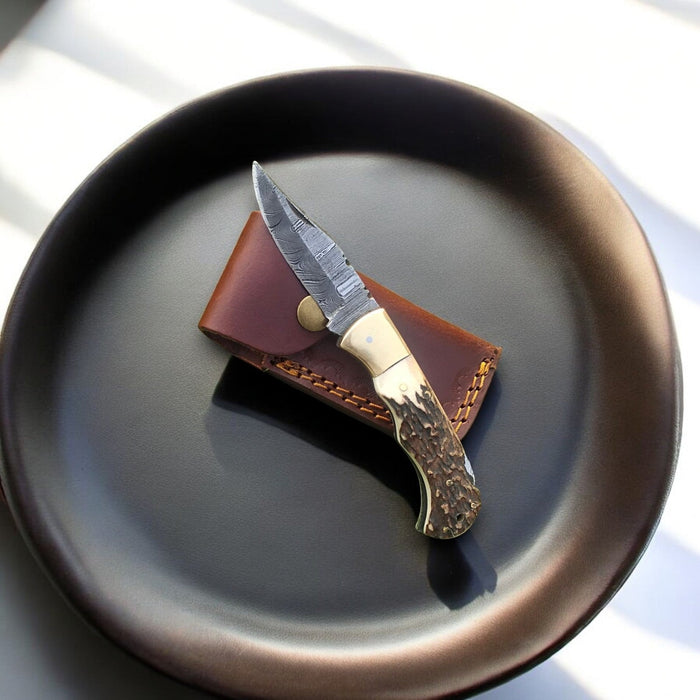 Folding Hunter Knife | Antler Horn Handle with Leather Case