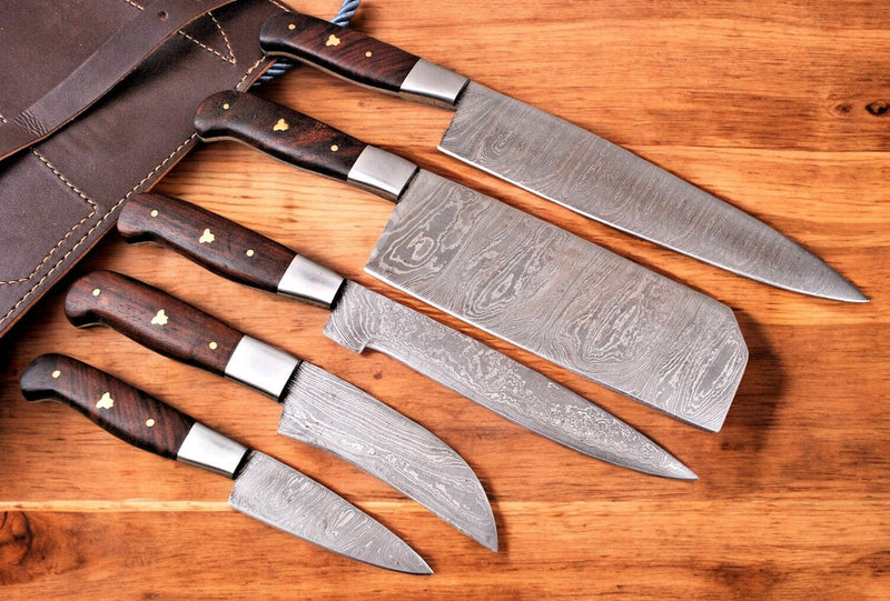 Handmade Damascus Kitchen Knives Set with Leather Roll
