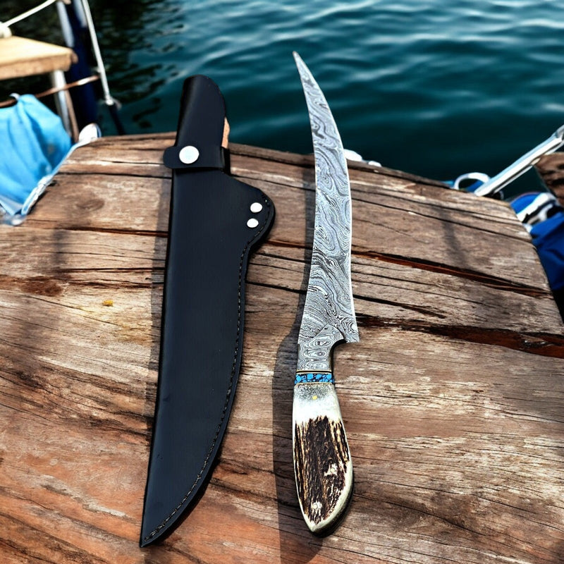 Premium Damascus Fillet Knife – Antler Horn Handle, 13"