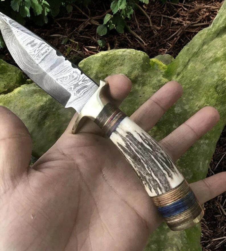 Handmade Damascus Hunting Knife with Antler Bone Handle