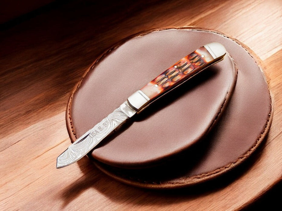 Custom Handmade Damascus Steel Pocket Knife with Bone Handle