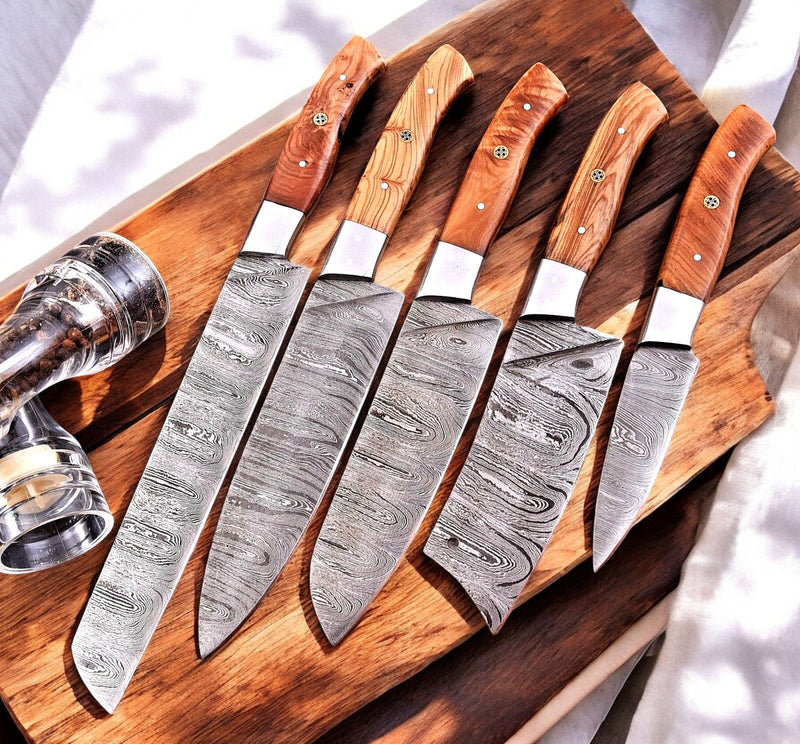 Handmade Damascus Kitchen Knives Set – Olivewood Handles