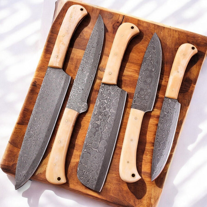 Handmade Damascus Kitchen Knives Set with Bone Handles