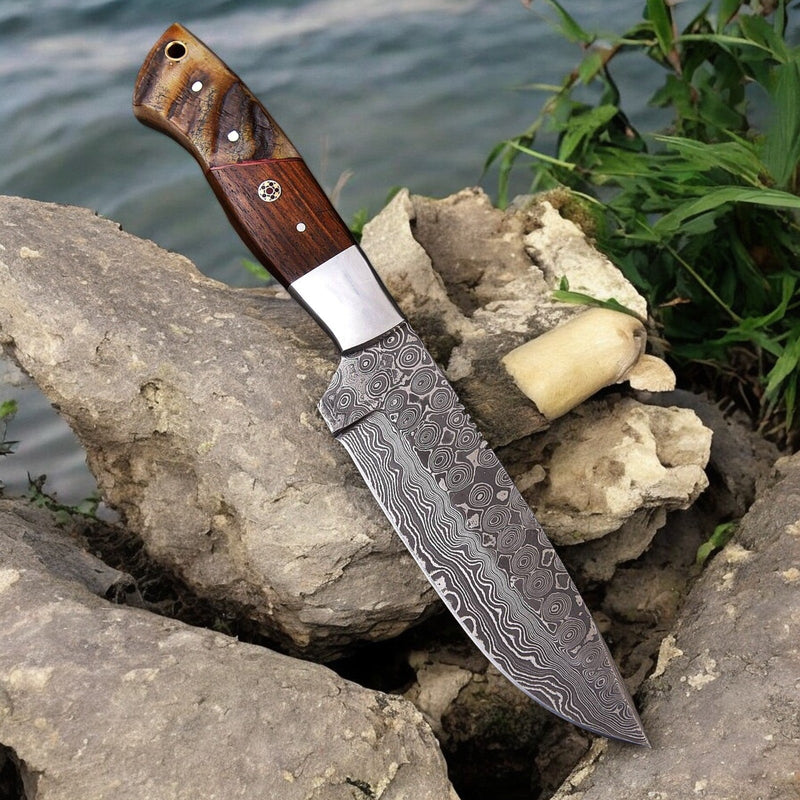Handmade Damascus Hunting Knife | Sheep Horn & Rosewood
